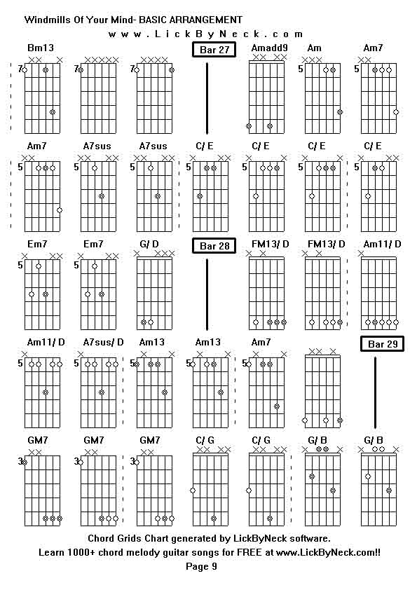 Chord Grids Chart of chord melody fingerstyle guitar song-Windmills Of Your Mind- BASIC ARRANGEMENT,generated by LickByNeck software.